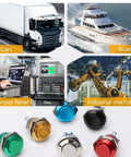 Various colored push button switches with applications in cars, boats, control panels, and industrial machinery visible.