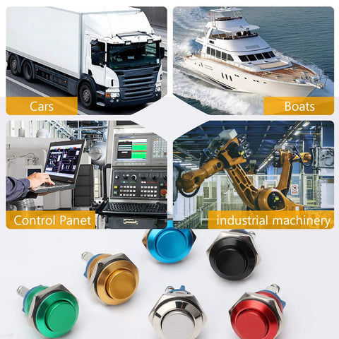 Various colored push button switches with applications in cars, boats, control panels, and industrial machinery visible.