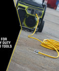 Heavy Duty Outdoor Extension Cord 100 Ft, 10 Gauge, Three-Prong T-Blade, Lighted End For Tools And Generators on concrete
