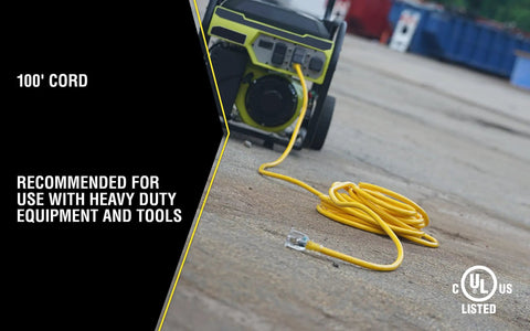 Heavy Duty Outdoor Extension Cord 100 Ft, 10 Gauge, Three-Prong T-Blade, Lighted End For Tools And Generators on concrete