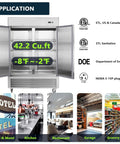 54 Inch Wide Two Door Commercial Stainless Steel Freezer 42.2 Cu Ft with open doors, showcasing shelves and temperature settings.