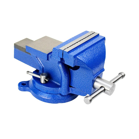 Heavy Duty 5 Inch Bench Vise With 360 Degree Swivel Locking Base Desktop Clamp, Replaceable Hardened Jaws, Cast Steel Frame, Rugged Blue Design