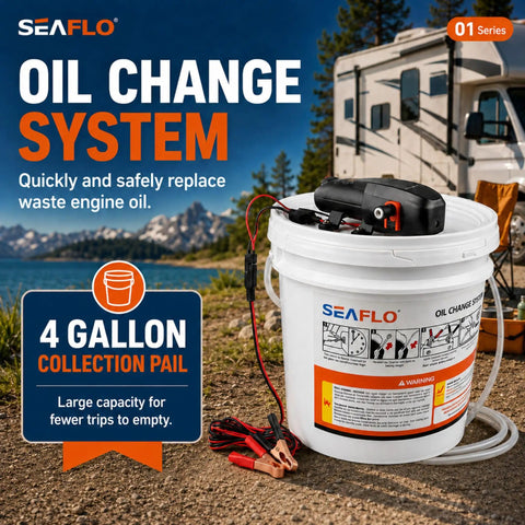 12V Portable Oil Change System For Boats And RVs, High Flow Oil Evacuator Pump with 4 Gallon Tank, outdoor RV setting.