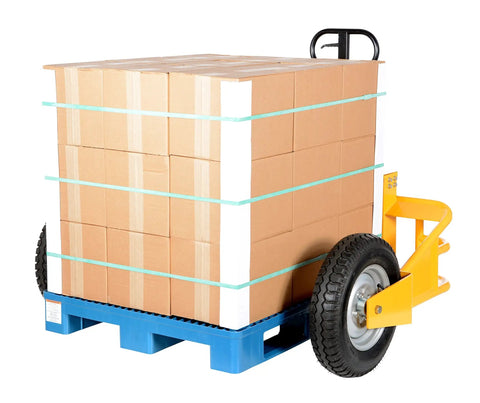Heavy Duty All Terrain Steel Pallet Truck With Pneumatic Tires And Smooth Steering Glides Over Rough Ground Loads Up To Two Thousand Five Hundred Pounds Without A Sweat On Thirty Two Inch Forks Perfect Yard And Warehouse Workhorse carrying stacked boxes on a blue pallet.