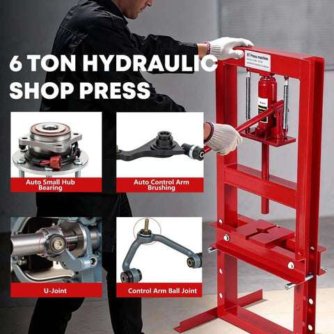 Hefty 6 Ton Hydraulic Shop Press H Frame Benchtop Heavy Duty Bearing Tool For Garage, Ball Joint Repair And Precision Bushing Install Made Tough For Any Pro Or DIY Guy, red steel frame in use