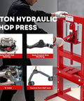 Heavy Duty Hydraulic H Frame Shop Press With Adjustable Table And Stamping Plates For Auto Repair Metalworking And Bearing Install, shown in use for bearing pressing.
