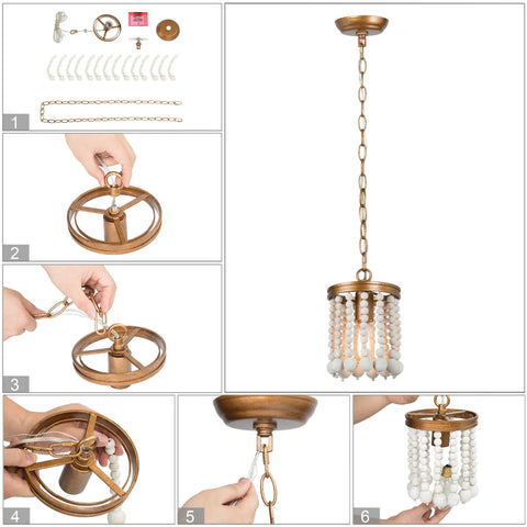 Beaded Chandelier Farmhouse Pendant Light With Antique Gold Finish And White Wood Beads For Dining Room Foyer Bedroom Or Kitchen 6 Inch Diameter Boho Chic Warm Glow, assembly steps
