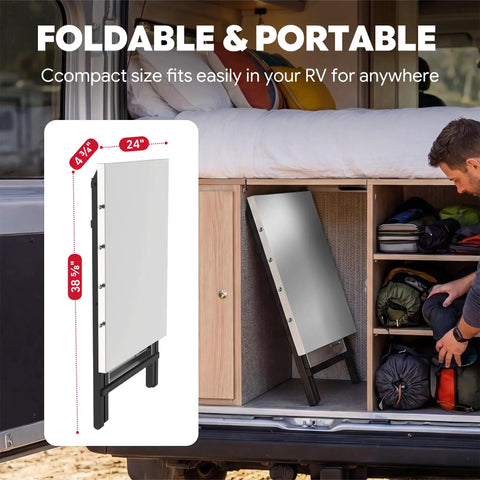 Foldable Outdoor Grill Table And Prep Station with Pizza Oven Base fits in RV storage, showing compact size and portability.