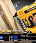 Heavy Duty Cordless Two In One Brad Nailer And Stapler Set For Woodworking and Trim Work showing nailing modes on wood.