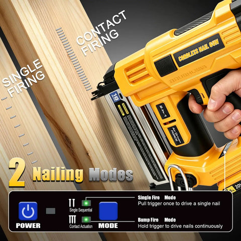 Heavy Duty Cordless Two In One Brad Nailer And Stapler Set For Woodworking and Trim Work showing nailing modes on wood.
