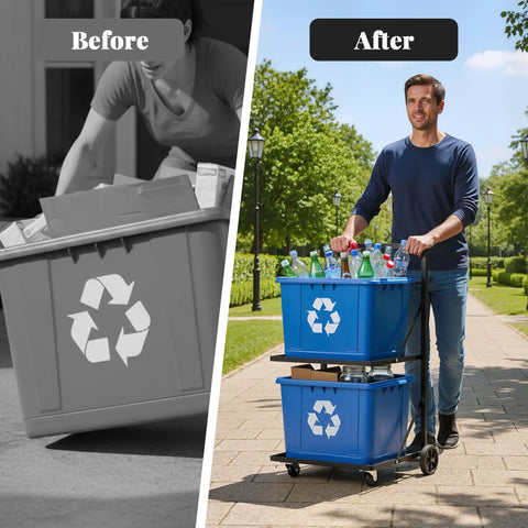 Ultra Heavy Duty Metal Recycling Cart With Butter Smooth Rolling Casters dual tier bins in use for easy home garbage sorting.
