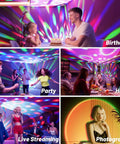 Various scenes using Disco Ball Party Lights With Sunset Projection And RGB UV White YGB LED DJ Stage Light for different occasions.
