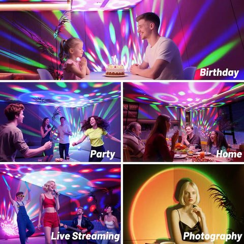 Various scenes using Disco Ball Party Lights With Sunset Projection And RGB UV White YGB LED DJ Stage Light for different occasions.