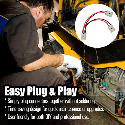 50 Amp Dual Y Splitter Plug for Battery Power Connectors 1 to 2 Cable with 6mm Wire, Forklift Charger and Lithium Battery Transfer, Ideal for Electric Vehicles, Boats, RVs, and Portable Power Systems being installed on a forklift