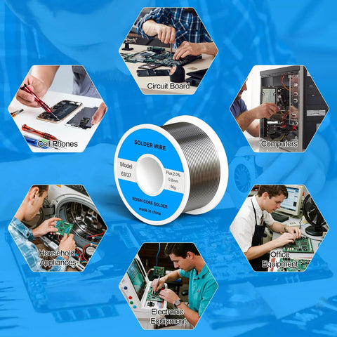 63/37 Tin Lead Rosin Core Solder Wire For Circuit Boards And Electrical Repairs with images of applications like electronics, computers.