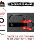 2 Inch Tow Hitch Receiver With Three Quarter Inch D Ring Shackle, Forty Five Thousand Pound Break Strength, Eleven Thousand Pound Working Load, Includes Five Eighth Inch Hitch Pin, Off Road Tow Gear For Trucks And Trailers, Red And Black with components displayed