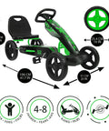 Green kid-friendly pedal go kart with durable steel frame, immersive ride, and realistic driving action; size dimensions shown.