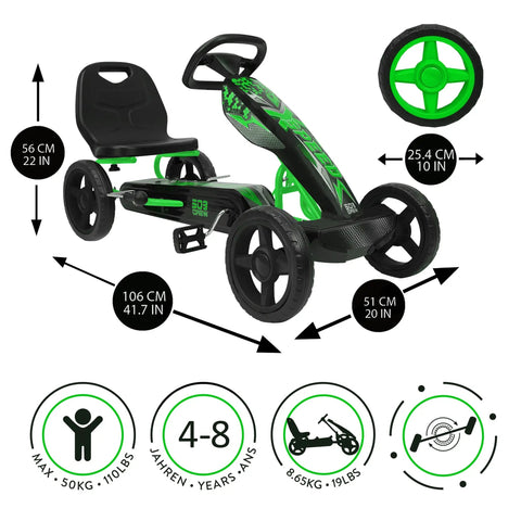 Green kid-friendly pedal go kart with durable steel frame, immersive ride, and realistic driving action; size dimensions shown.