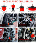 4 PCS classic drill brushes in All In One 35 Piece Car Detailing Kit With Windshield Tool Long Wheel Brush Two Angled Brushes Four Polishing Pads And Four Wax Pads Red Tool Box Perfect Gift For Men Who Love DIY Auto Cleaning And Detailing