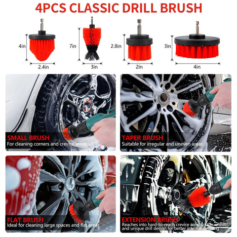 4 PCS classic drill brushes in All In One 35 Piece Car Detailing Kit With Windshield Tool Long Wheel Brush Two Angled Brushes Four Polishing Pads And Four Wax Pads Red Tool Box Perfect Gift For Men Who Love DIY Auto Cleaning And Detailing