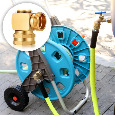 90 Degree Brass Hose Swivel Elbow With Three Quarter Inch GHT Connector Heavy Duty Garden Hose Fitting Includes Washer Internal Seals And Teflon Tape For Easy Leak Free Outdoor Water Setup, brass elbow on hose reel