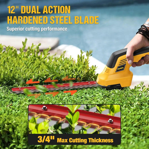 4-In-1 Cordless Pole Hedge Trimmer With 2x3000mAh Batteries, 16 Ft Reach, 180-Degree Adjustable Head, dual-action 12-inch blades cutting shrubs