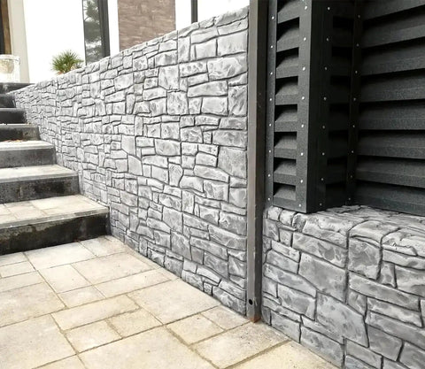 Pro Grade Polyurethane Stone Texture Stamp Set For Concrete Realistic Granite Chipped Look on wall and steps for decorative finish.