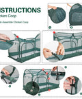 Assembly instructions for Pop Up Chicken Run Portable Pen With Three Doors, showing steps and details of green mesh and frame setup.