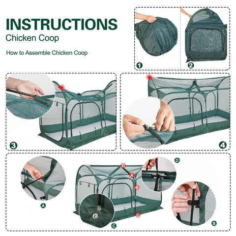 Assembly instructions for Pop Up Chicken Run Portable Pen With Three Doors, showing steps and details of green mesh and frame setup.