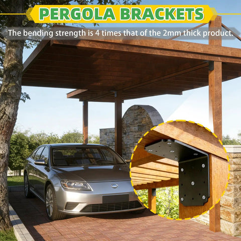Pergola with Heavy Duty L Bracket 6x6x5 90 Degree Pergola Bracket With Black Rustproof Coating for Carbon Steel, installed view.