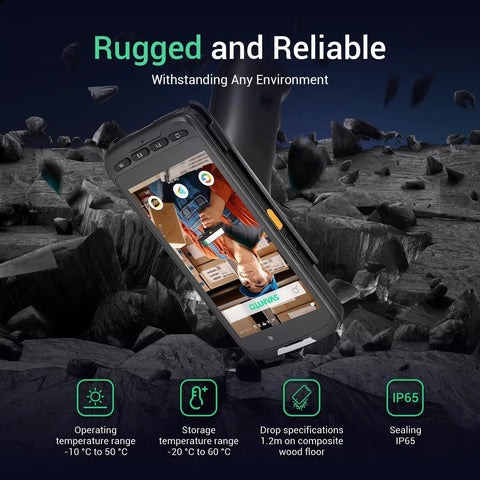 Rugged Android 11 Handheld Barcode Scanner With Pistol Grip on rocky surface, highlighting temperature and drop specs.