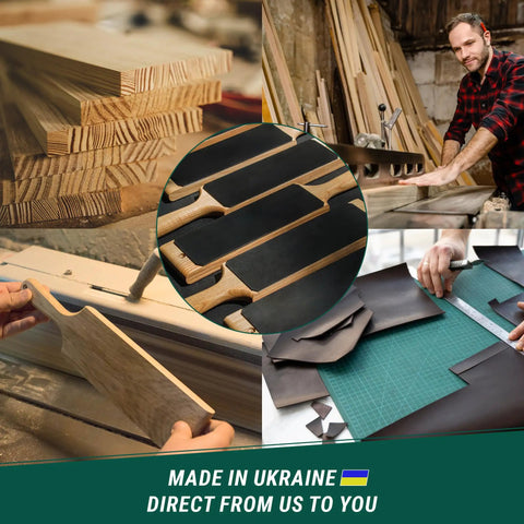 Craftsman working with wood in a workshop, showcasing materials for Leather Strop Kit For Knife Sharpening 15.2 Inch With Polishing Compound