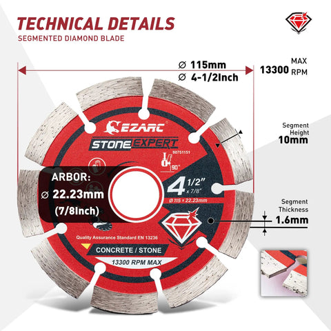 Segmented Diamond Cutting Blade 4.5 Inch For Angle Grinder Stone Master, details showing size, specs, compatible use for masonry