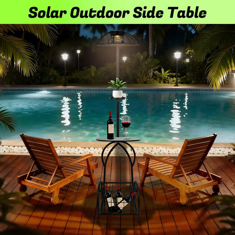 Must-Have Outdoor Solar Coffee Table With Light Black Iron 52.5 Inch Waterproof End Table For Living Rooms Or Patio Doubles As A Solar Floor Lamp And Plant Stand For Backyard Poolside Decor by a swimming pool with lounge chairs.