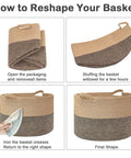 Collage showing reshaping steps for 65L Large Woven Cotton Rope Laundry Basket With Reinforced Handles No Snag Edges Rugged Hamper