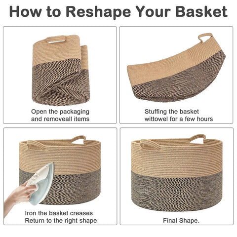 Collage showing reshaping steps for 65L Large Woven Cotton Rope Laundry Basket With Reinforced Handles No Snag Edges Rugged Hamper