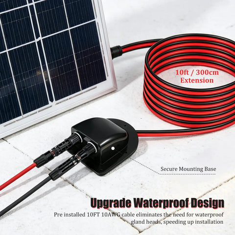 Solar Cable Entry Gland With 10ft 10AWG Extension Cable And MC-4 Connectors, IP68 Weatherproof Roof Pass Through Housing for RV setup