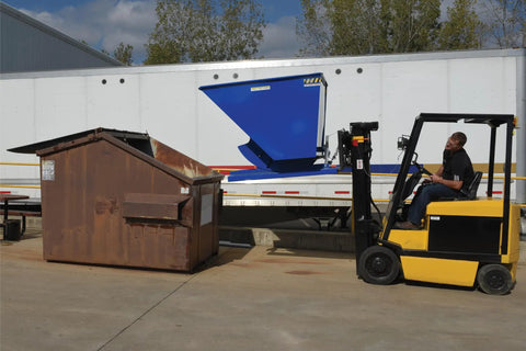Solid Workhorse Steel Self Dumping Hopper For Forklift 3 Cubic Yard 2000 Lb Payload Capacity near dumpster during operation.