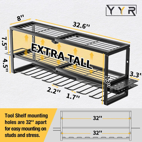 Side view of Built Tough Power Tool Organizer Wall Mount for Garage and Workshop, 32 inch with 8 slots and charging shelf.