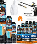 High Output Closed Cell Spray Foam Insulation Kit Paired With A Professional Spray Gun Setup, complete with gloves and goggles for home use.