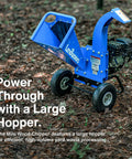 Compact Mini Wood Chipper Shredder Mulcher With 7HP Power For Yard Debris, Heavy Duty Performance, Large Extended Feeding Chute visible