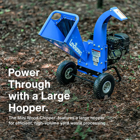 Compact Mini Wood Chipper Shredder Mulcher With 7HP Power For Yard Debris, Heavy Duty Performance, Large Extended Feeding Chute visible