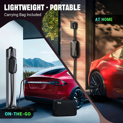 Chill Plug And Play Level 2 Ev Charger For Tesla Featuring 32 Amp Fast Charge, 25 Ft Cable and carrying bag, at home and on-the-go.