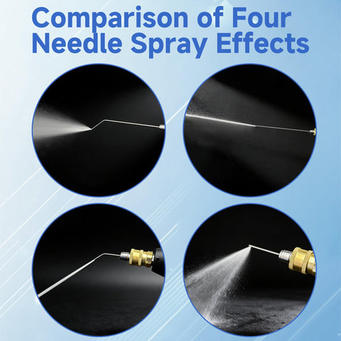 Pressure Washer Nozzle Kit With Needle Tips For Deep Cleaning Narrow Gaps And Corners Four Pack One Quarter Inch Quick Connect One To Two GPM Great For Cars Washing Machines AC Fins RV Water Heaters showing comparison of four needle spray effects