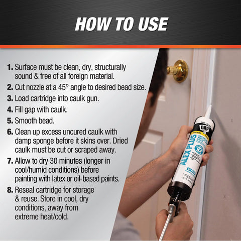 Person using Paintable Siliconized Acrylic Caulk for Multi Surface Sealing and Waterproofing on a door frame with instructions.