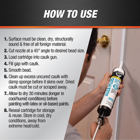 Instructions on how to use a Paintable Acrylic Latex Caulk For Multi Surface Use White 10.1 Oz 12 Pack, showing application on a wall.