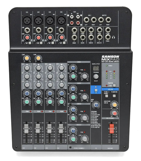 Top view of MXP124FX MixPad 12 Channel Analog Recording Mixer with 4 Mic Preamps, 2 Compressors, Built In Effects, USB Interface.
