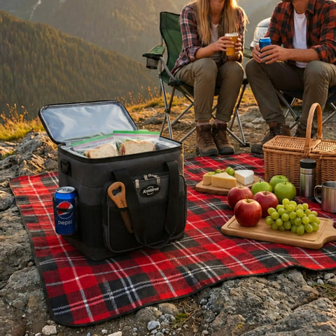 Plug In Electric Portable Cooler And 12V Car Fridge 14 Quart Capacity Soft Sided Travel Bag For Camping And Road Trips Keeps Your Grub And Drinks Ice Cold Zero Hassle Required Extra Pockets Plus Folds Flat at a picnic with food.