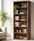 6 Tier Bookcase With Open Shelves 63 Inch Tall Rustic Brown Open Bookshelf For Living Room With Plants And Books Displayed