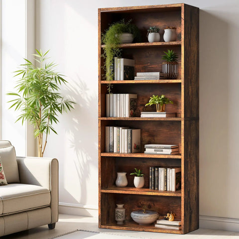 6 Tier Bookcase With Open Shelves 63 Inch Tall Rustic Brown Open Bookshelf For Living Room With Plants And Books Displayed